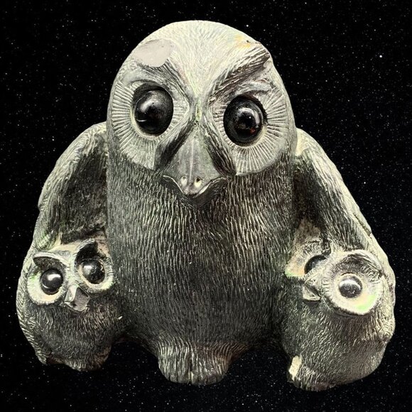 A Wolf Original Handmade Soapstone Baby Owl Family On Tree Sculpture 4.5”T 5”W - Picture 1 of 5